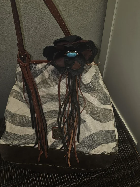 Upcycled Dooney And Bourke Canvas Zebra Print Tote Bag with Leather Trim. - Picture 2 of 5